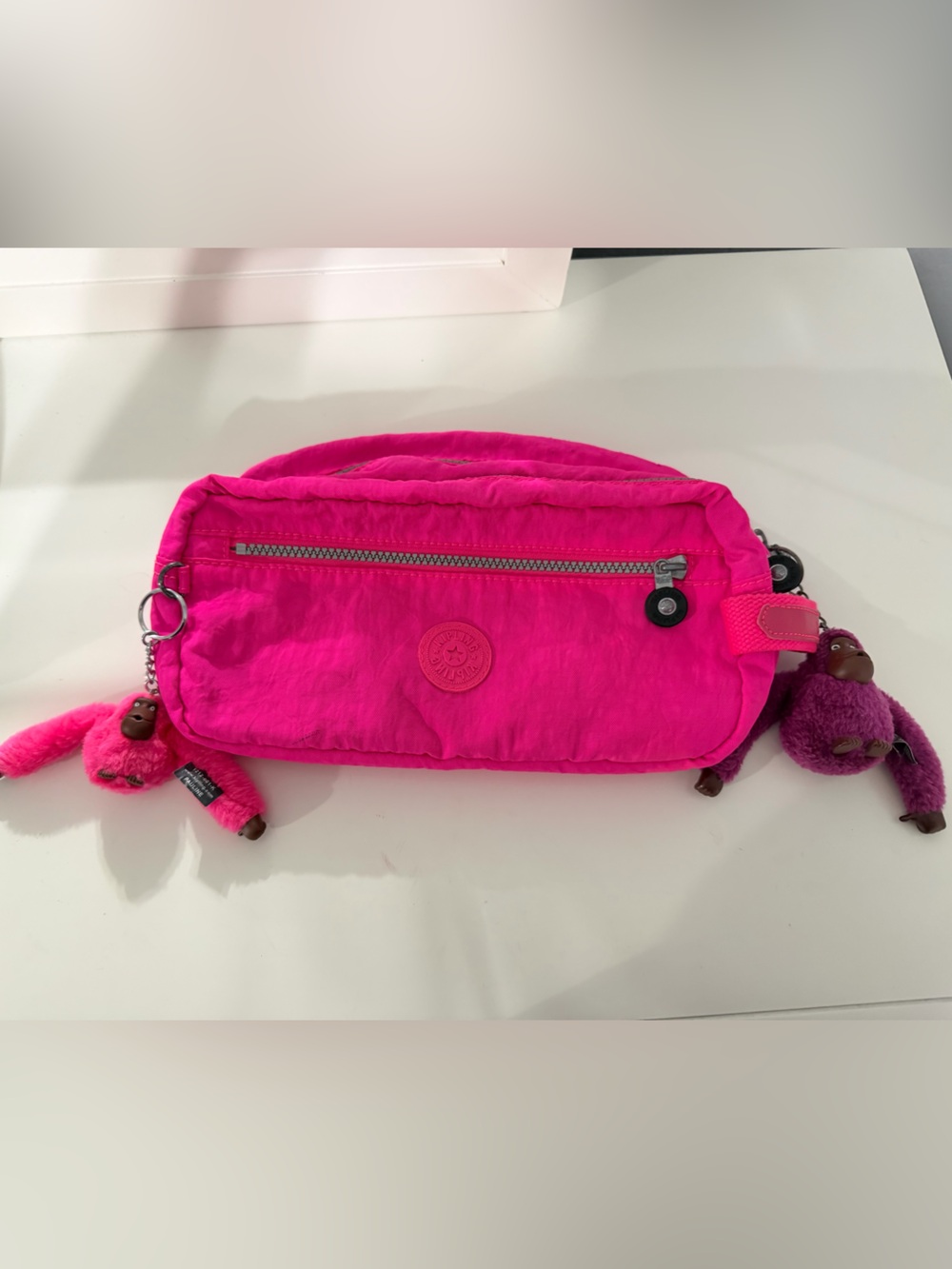Kipling Bright Pink Toiletry Bag Pouch with Monkey Charms